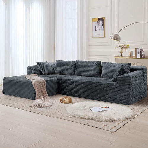 110" L-Shaped Modular Sectional Sofa with Chaise, Boneless Comfy Corduroy Fluffy Couch with Deep Seat and Side Pockets, Flexible Module Combination for Living Room, No Assembly, Side Pockets