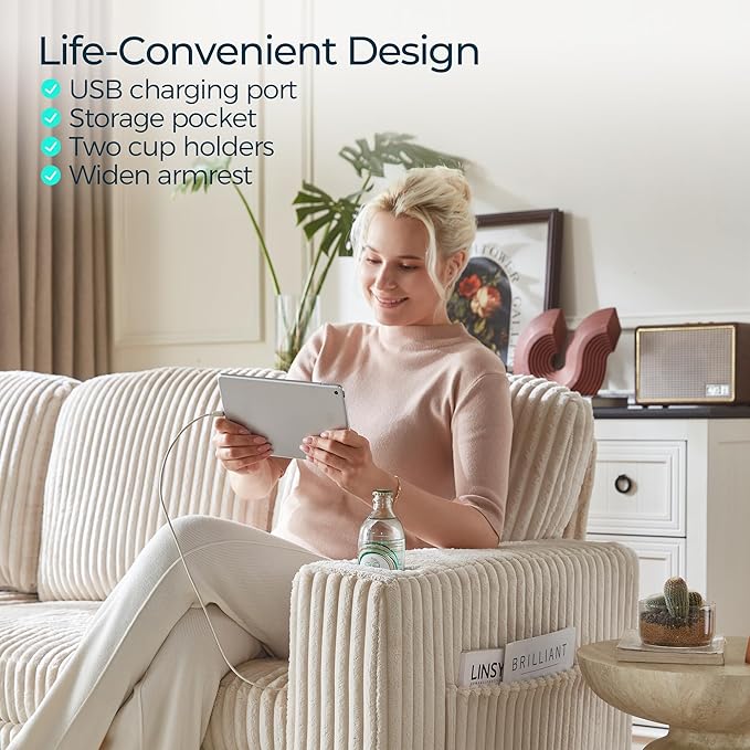 LINSY HOME Sectional Sleeper Sofa with Pull Out Couch Bed for Living Room (Beige) | Plush Corduroy, Storage Ottoman, Storage Chaise, Pull Out Couch, USB Charging