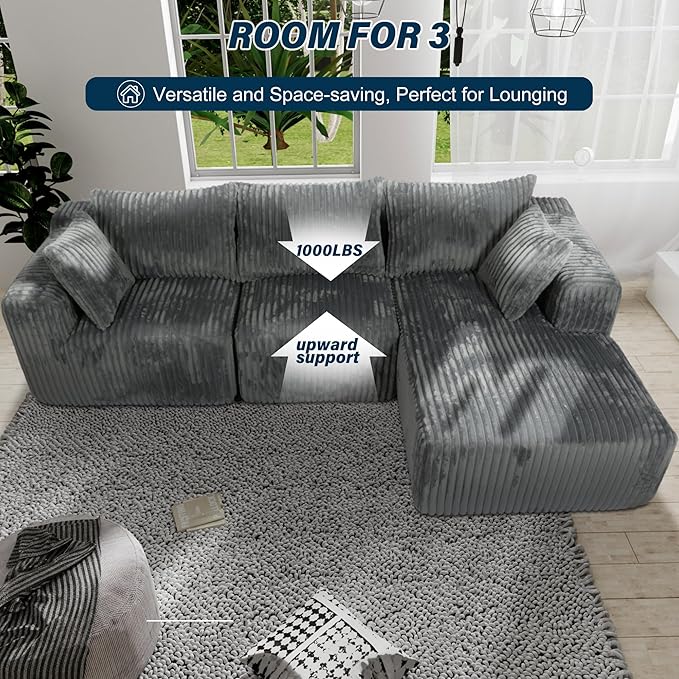 3 Seater L Shaped Sofa with Deep Seat, 101" Cloud Sectional Couch with Chaise, Cozy Modular Couches Sleeper, Oversized Corduroy Sofa for Living Room Bedroom Apartment, Pale Gray