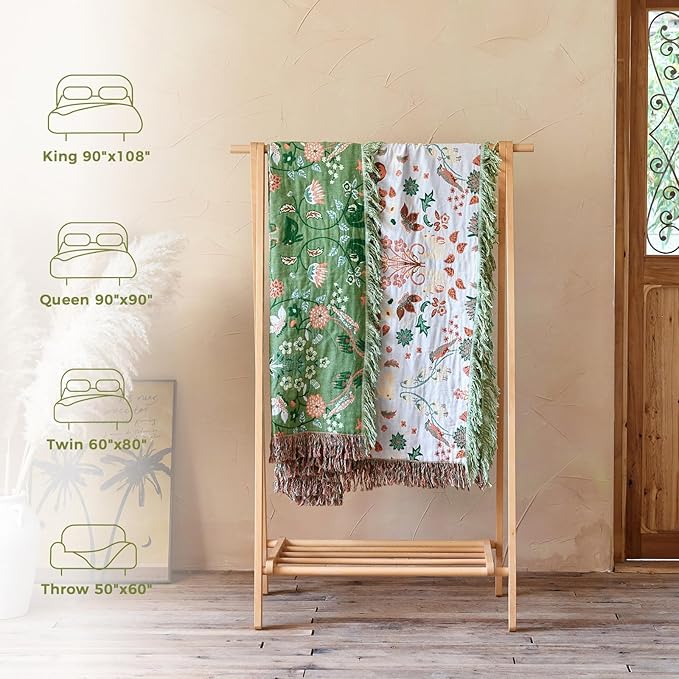 Boho Throw Blanket for Bed 100% Cotton Soft Breathable Quilt Room Decor Bed Blankets,Floral Garden Embroidery All Season Green Reversible Blankets for Sofa Couch Chair 80"x90"
