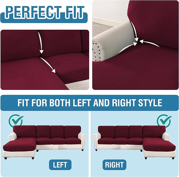 H.VERSAILTEX Sectional Couch Covers 8 Pieces Stretch Sofa Covers for Sectional Sofa Set Separate L Shaped Couch Cover for Both Left/Right Couch (Seat and Back: 1 Chaise + 3 Sofa, Burgundy)