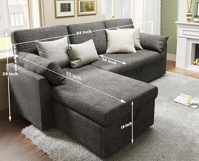 VanAcc Sleeper Sofa, Sofa Bed- 2 in 1 Pull Out Couch Bed with Storage Chaise, Sleeper Couch for Living Room, Grey Linen