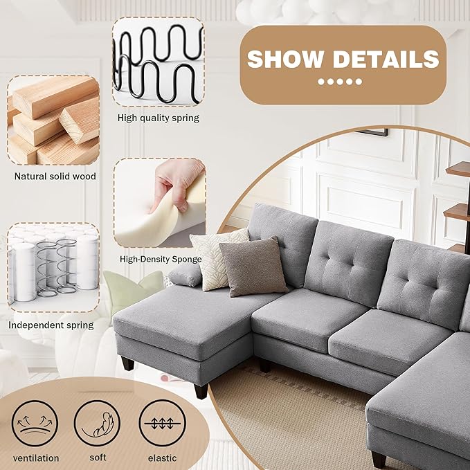 111" Sectional Couch for Living Room, Modern Polyester Fibre U Shaped Sofa Couches with Double Chaise, Upholstered 4 Seater Sofa for Living Room, Apartment, Office, Light Grey
