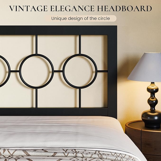 SHA CERLIN King Size Metal Bed Frame with Vintage Circular Design Headboard and Footboard,No Box Spring Required,Easy Assembly,Noise-Free,Black
