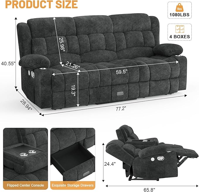 Loveseat Recliner Sofa, Flip Middle Backrest Design 3 Seat Reclining Sofa with Storage Drawer, USB Ports & Cup Holders, Manual Couch for Living Room/RV (Gray)