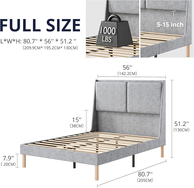 Cozy Castle Full Upholstered Platform Bed Frame with 51.2" Tall Wingback Headboard, Double Backrest Metal Bed Frame, No Box Spring Needed, Easy Assembly, Bedroom Furniture, Grey