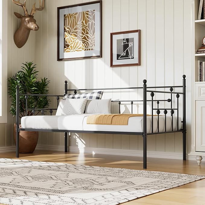 VECELO Daybed Frame, Twin Size Metal Platform Bed with Headboard,Heavy Duty Steel Slats Support for Living Room Bedroom Guest Room, Easy Assembly