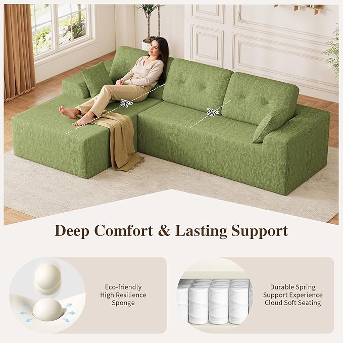 Ball & Cast 106" Cloud Sectional Couch, Compressed L-Shaped Sofa with Deep Seat Chaise, Boneless No Assembly Modular Couch, Foam & Spring Support, 2 Boxes (Right Facing, Chenille Green)