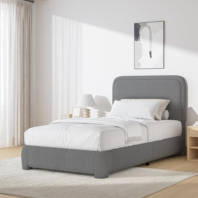BarnFurin Twin Size Bed Frame, Boucle Upholstered Platform Bed Frame with Headboard, Soft Rounded Corners, No Box Spring Required, Non-Slip and Noise-Free, Easy Assembly, Light Grey