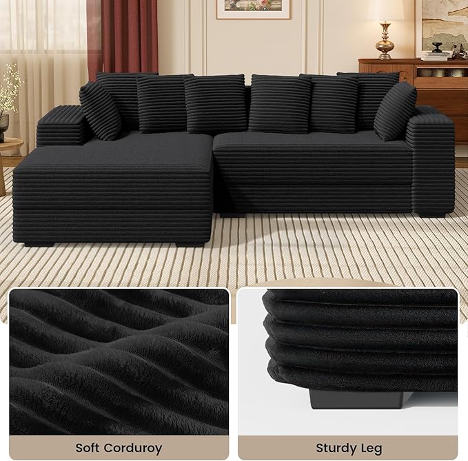 111'' Modular Sectional Cloud Couches with Chaise, L Shaped Extra Large Sleeper Couch Reversible Fluffy Corduroy with 8pcs Pillows for Living Room(Black Left Facing Chaise)