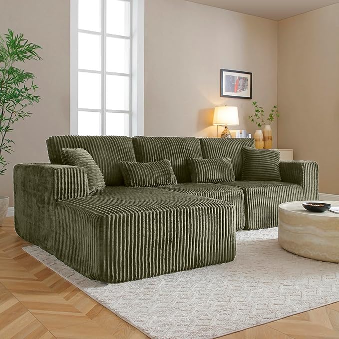 110" Cloud Sectional Couch, Modular Sectional Sofa with Deep Seat, Corduroy Upholstered Boneless Couch for Living Room Bedroom, Left Facing Chaise (Green)