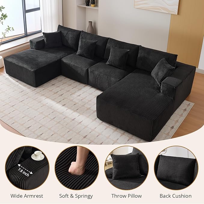 Sectional Cloud Boneless Couch 137" Modern Comfy U-Shaped No Assembly Required Convertible Compression Sleeper Modular Sofa with Corduroy Fabric Deep Seat Single + Chaise for Living Room