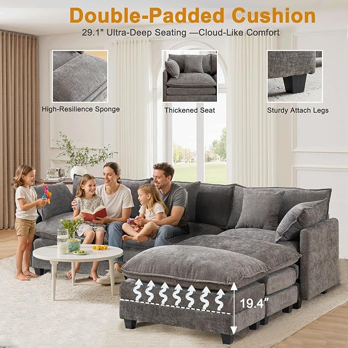111.4" L-Shaped Cloud Chenille Sofa Sectional Couch with Reversible Chaise, Flexible 3+1 Layout for Large Spaces, Deep Seat and Free Pillows Included