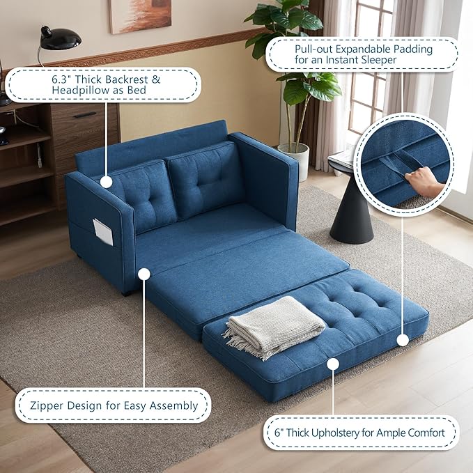 VINGLI Upgraded Loveseat Sleeper, 53.5" W 80" L Convertible Sofa Bed Couch Futon Couches for Living Room, Folding Couch Bed for Small Spaces, Foldable Floor Gaming Sofa Bed for Basement, Navy Blue
