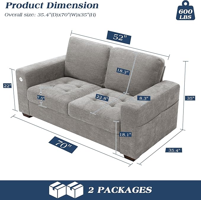 WorthFurni Sofas for Living Room, Chenille Loveseat Couch Set, Small Sofa, 3 Seater Sofa, USB Charging, Removable Sofa Cover,Solid Wood Frame, Easy to Install(70inch,Grey)