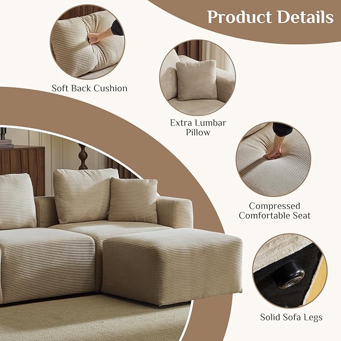 Karl home 112" Sectional Couch with Movable Ottoman, Modern Corduroy Cloud Sofa Set with Deep Seat, Convertible L-Shape Boneless Couch for Living Room, Apartment, Studio, Khaki