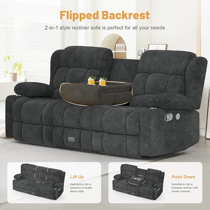 Loveseat Recliner Sofa Set, Flip Middle Backrest Design 3 Seater Reclining Sofa and Single Oversized Recliner Chair, Manual Couches for Living Room/RV (Gray, 3+1)