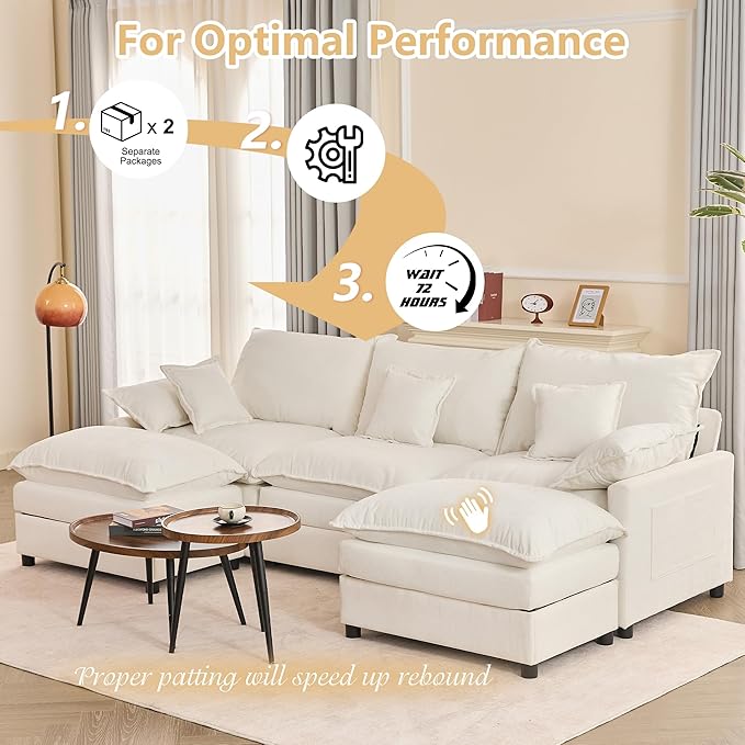 108" U Shaped Couch, Modular Sectional Sofa, 3-Seater Comfy Cloud Couch, Set of Modular Pieces with Movable Ottoman, Deep Seat Couches for Living Room, Chenille, Ivory