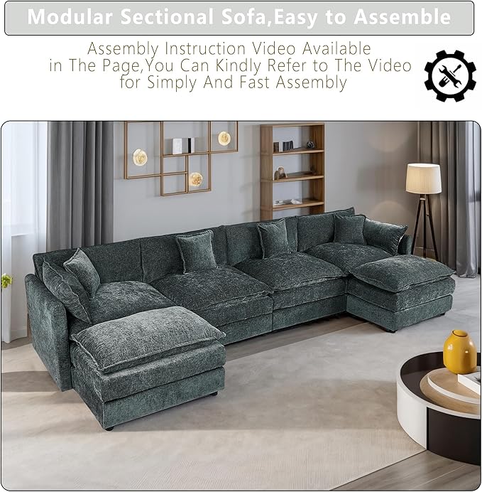 Setawix Deep 4 Seater Couch with Ottomans,147.22" U-Shaped Cloud Couches for Living Room,Chenille Cloud Sofa Couch with Foorest,Modular Sectional U Shape 4 Seat Sofa for Bedroom (Grey, 4+2)