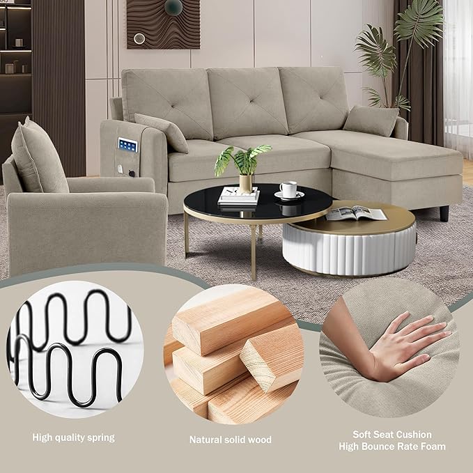 Convertible Sectional Sofa, 77" Small L Shaped 3 Seat Couch with Reversible Storage Chaise, and Accent Chair Set Modern Polyester Fabric Sofa Couches for Living Room, Apartment, Beige