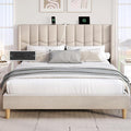 BRELTAM King Upholstered Platform Bed Frame with Linen Headboard & Wing Side, Built-in Charging Station, Wooden Slat Support, Mattress Foundation, No Box Spring Needed, Beige