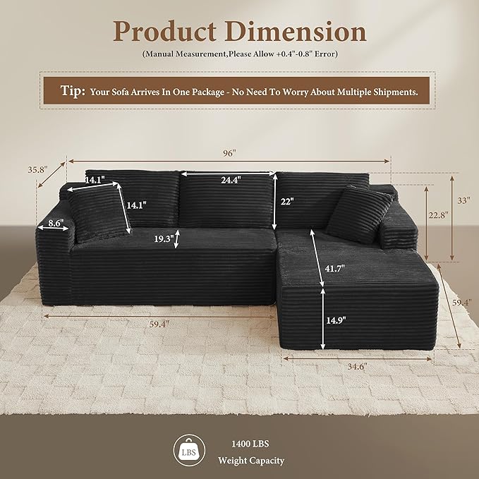 96" Sectional Couches for Living Room Cloud Couch Sofa with L-Shape Upholstered Boneless Couchs Modern Modular Sectional Couch with Chaise (Black, 95" W+Right Facing Chaise+2Seaters)