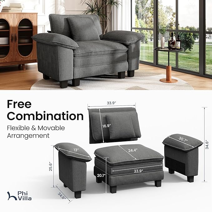 PHI VILLA Oversized Single Sofa Chair with Deep Seat, Upholstered Reading Armchair Modern, 1 Seater Comfy Sofa Chair for Small Spaces Bedroom, Corduroy, Grey