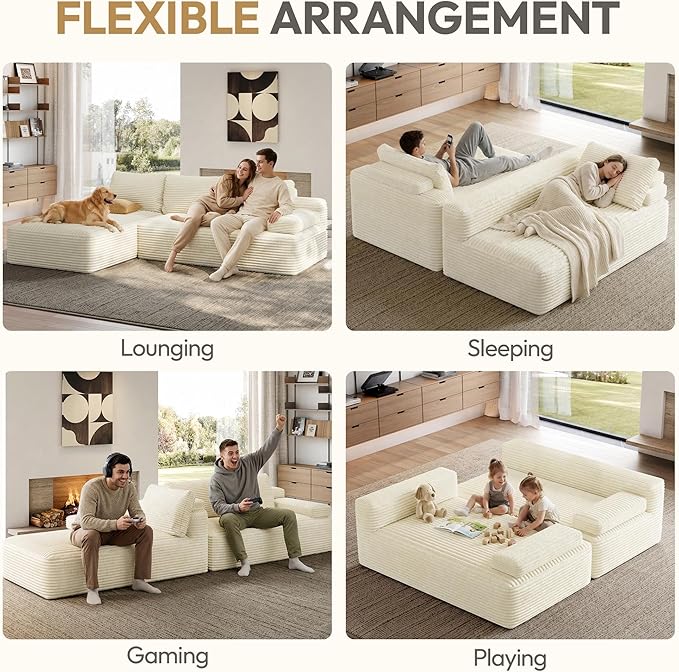 Yaheetech 110" Modular Sectional Sofa Corduroy Boneless Couch with Chaise L-Shape Cloud Couch with Detachable Pillows No Assembly Sofa for Living Room, Beige
