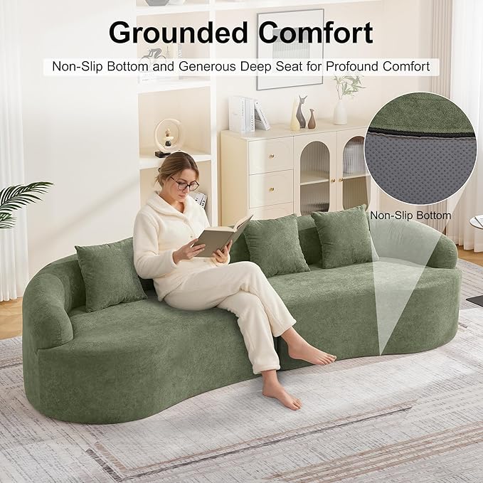 110.2" Curved Boneless Couch, Oversized Cloud Sofa with 4 Pillows, Modern 4 Seater Modular Sectional Sofa, Boneless Sectional Couches for Living Room, Curved Foam Couch, Green