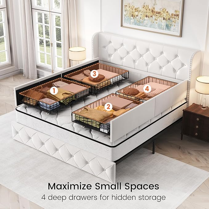 LARMACE Queen Size Bed Frame with 4 Storage Drawers and 47.2" Tall Wingback Headboard Velvet Upholstered Platform Bed Frame Tufted Beds with Wooden Slats Support, Easy Assembly, White