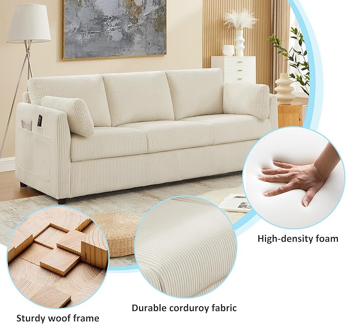 79" L Shaped Couch with Storage Ottoman, 3 Seater Corduroy Sofa with 2 Pillows and Storage Pockets, Small Modern Couches for Living Room, Apartment, Small Spaces, Home Office, Cream White