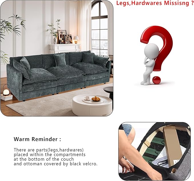 Setawix Chenille Cloud Couches for Living Room,3 Seater Cloud Sofa Couch with Deep Seat,112.2" Roomy Cloud Sofas,Modular Sectional 3 Seat Sofa with Pillows for Bedroom. (Grey, 3 Seater)