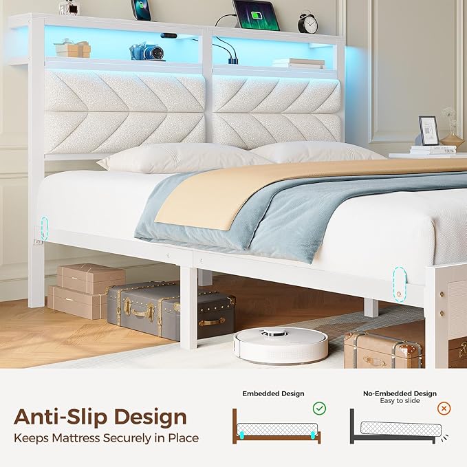 Seventable Bed Frame Twin Size with Charging Station, LED Bed with Upholstered Storage Headboard, Metal Platform Bed with Under Bed Storage, No Box Spring Needed, Noise Free, Easy Assembly, White