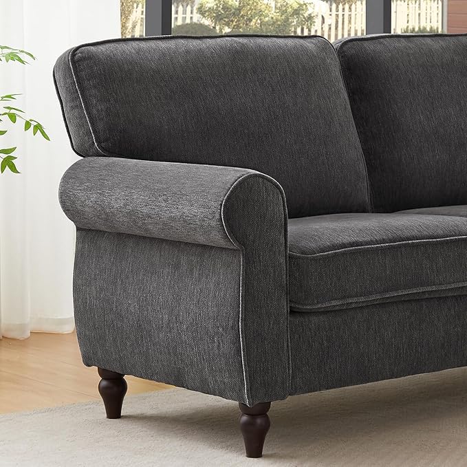 ONBRILL 101" L Shaped Couch, Sectional Corner Sofa with Rolled Arms, 5 Seater Chenille Fabric Couch w/Springs Seat Cushion, Wooden Legs, Comfy Oversized Sofa for Living Room, Apartment, Grey