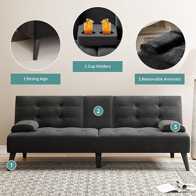 Meilocar 64" Futon Sofa Bed, 64" Convertible Loveseat with 2 Cup Holders, Small Couch with 3 Adjustable Angles & Removable Armrest, Modern Sleeper Sofa for Apartment,5.3 FT, Black