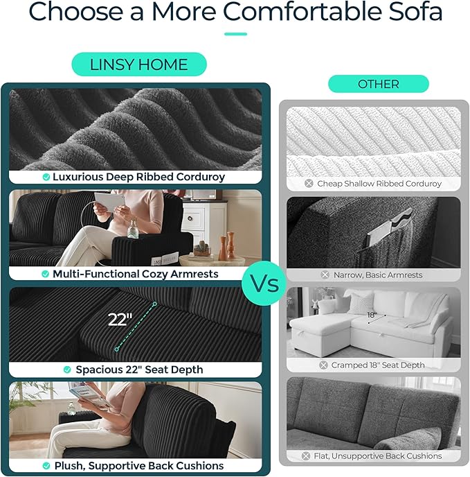 LINSY HOME Sectional Sleeper Sofa Pull Out Couches for Living Room (Black, Sleeper Sofa 3) | Pull Out Sofa Bed, Storage, USB Charging, Cup Holders, Plush Corduroy