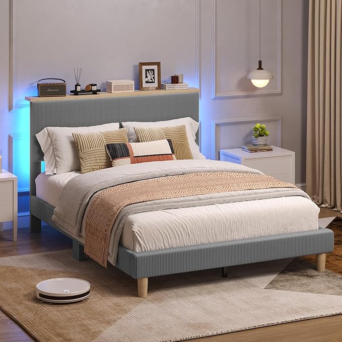 Bestier Queen Bed Frame with Adjustable Headboard & LED Lighting, Corduroy Upholstered Platform Bed Frame with Storage Shelf, Solid Wood Slats, No Box Spring Needed, Never Squeak, Easy Assembly, Grey