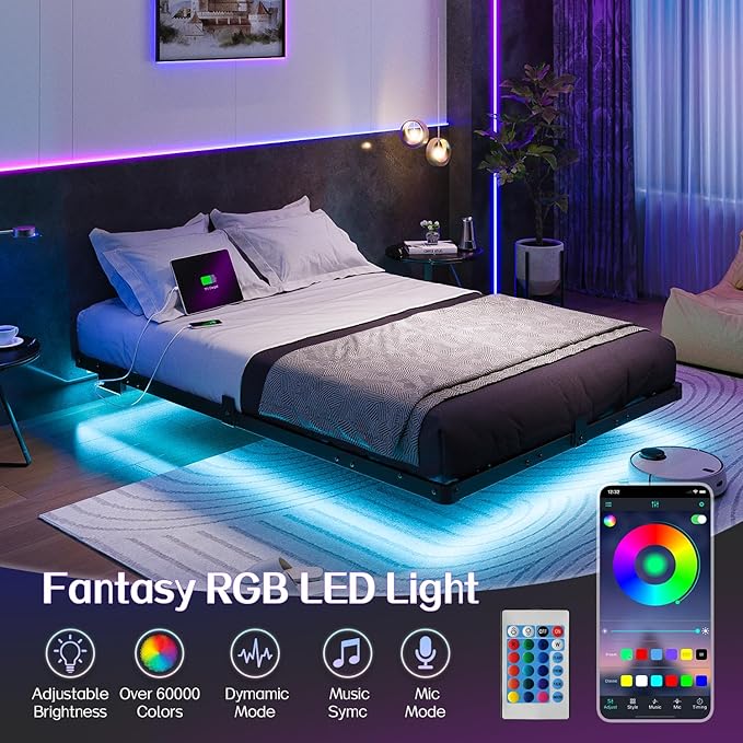 Liians Full Size Modern Floating Bed Frame with Smart LED Lights, USB Charging Station, Sturdy Metal Platform, No Box Spring Needed, and Easy Assembly