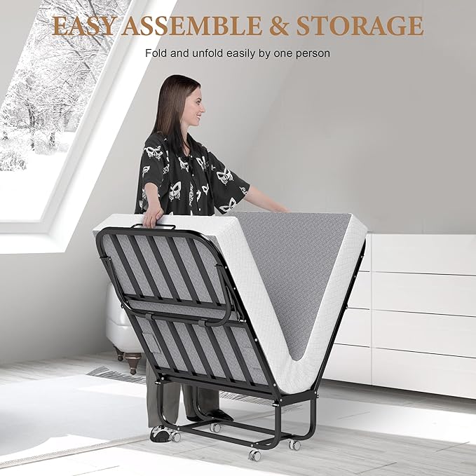 Decofy Folding Bed with Memory Foam Mattress, Portable Rollaway Guest Beds on Wheels, 75"x31" Twin Size Space-Saving Cot-Size Bed for Adults with Easy Assembly Metal Frame (Grey)