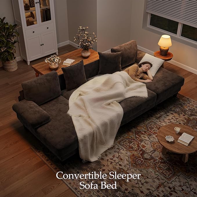 Txtin's Sleeper Sofa with Pull Out Couch Bed | 112 Inch Couches for Living Room | U-Shaped Convertible Sofa Bed | Chenille Brown