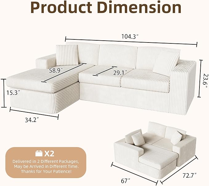 Shintenchi 105" Modular Sectional Sofa, Boneless L Shaped Couch with Deep Seat, Cloud Foam Couch with Oversized Chaise, Plush Corduroy Sofa No Assembly Needed for Living Room, Beige