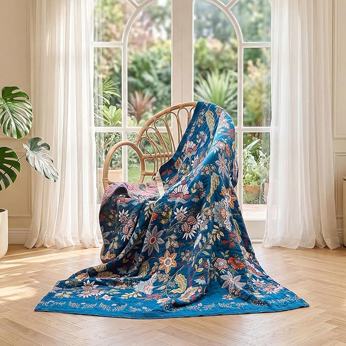 LUTBM Boho Throw Blanket for Bed Cotton Spring Blankets Bedroom Living Room Twin All Season Lightweight Floral Embroidery Quilt for Couch Sofa Chair 60"x80"