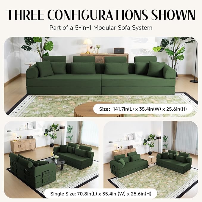 106" L-Shaped Modular Boneless Couch, 2-Piece System (2×70.87"), Convertible Sectional to 141.7" Straight Sofa, Corduroy Couch in a Box, Headrest & Back Pillows for Living Room, Forest Green