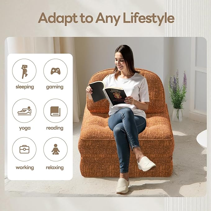 Dowinx Folding Sofa Bed with Pillow, Convertible Comfy Couch Bed for Adults Home Lounge and Gaming, Modern Comfortable Design for Apartment Living Room Bedroom, Single, Smooth Velvet, Amber Brown