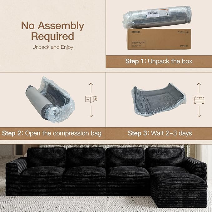 Boneless Sectional Cloud Couch with Deep Seat Plush Corduroy Modular Sectional Sofa Convertible L Shaped Couches for Living Room. Black Sofa.