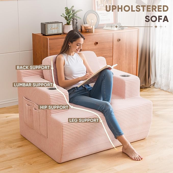 Homall 42” Single Sofa Foam Couch for Small Spaces Upholstered Floor Sofa with Cup Holder & Storage Pocket Boneless Couch for Bedroom Living Room (Pink, Single)