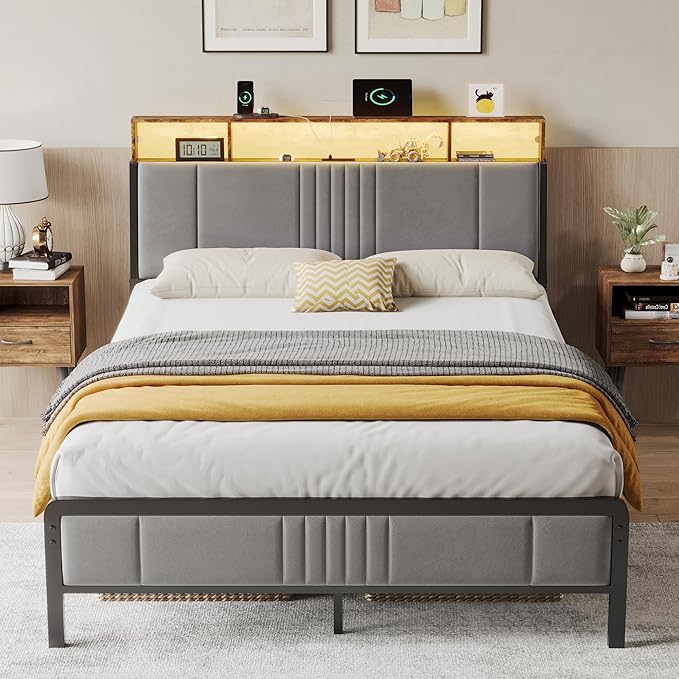 BedsPick Twin Bed Frame with Headboard, Metal Platform Bed Twin Size with 2-Tier Storage and Ergonomic Velvet Headboard, Charging Station, Smart LED Lights, Easy Assembly, No Box Spring Needed