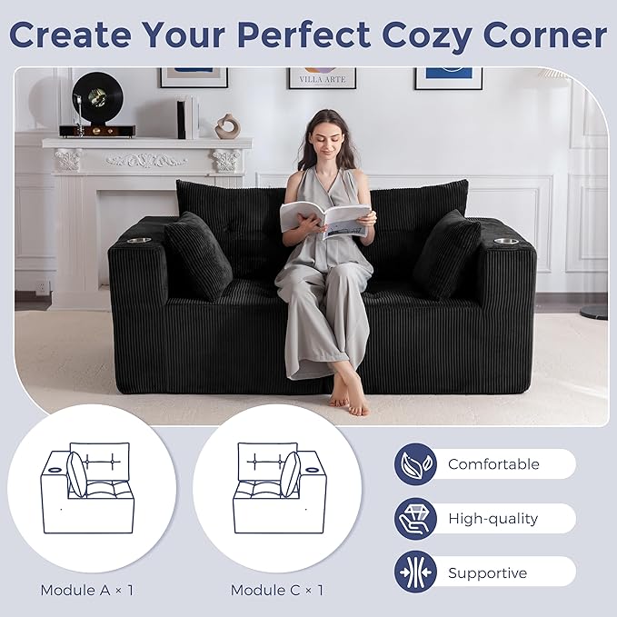 MAXYOYO Modular Sectional Sofa Couch, Loveseat Boneless Cloud Couch for Living Room, Sofa in A Box, Tufted Upholstered Cozy Chair with Cup Holders, No Assembly Required, Black