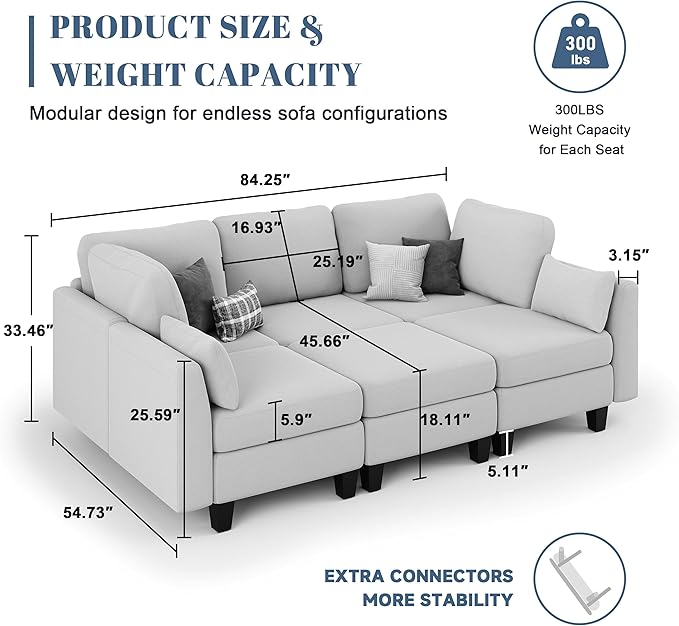 Sectional Sleeper Sofa, 6 Seaters Modular Sleeper Sofa Couch, Comfy Sectionals Couches Bed, Convertible Sofas with Ottomans, Modular Sectional Couches for Living Room, Light Grey
