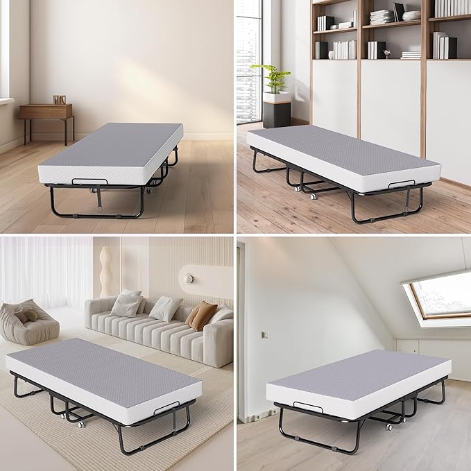 Decofy Folding Bed with Memory Foam Mattress, Portable Rollaway Guest Beds on Wheels, 75"x31" Twin Size Space-Saving Cot-Size Bed for Adults with Easy Assembly Metal Frame (Grey)